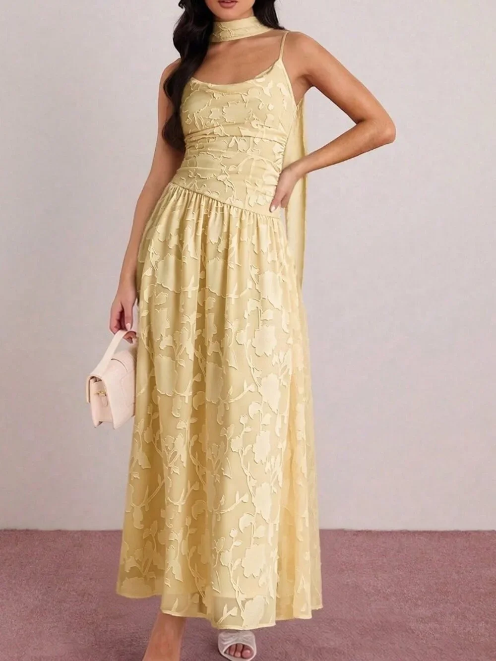 Yellow Elegant Women's French Sleeveless Off-Shoulder Cinched Waist Long Dress